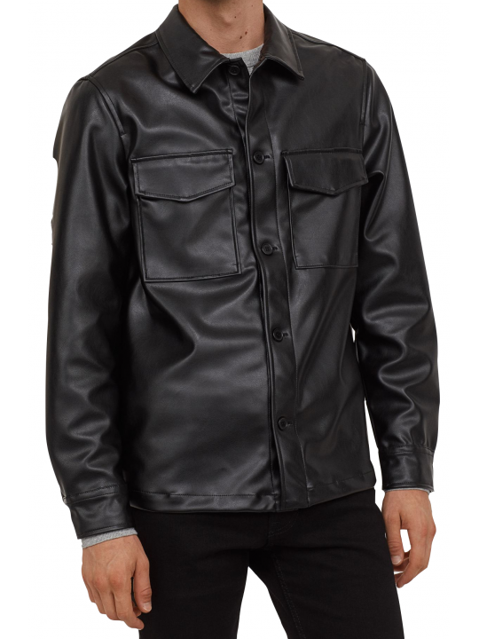 Men Smart Look Real Lambskin Black Leather Shirt