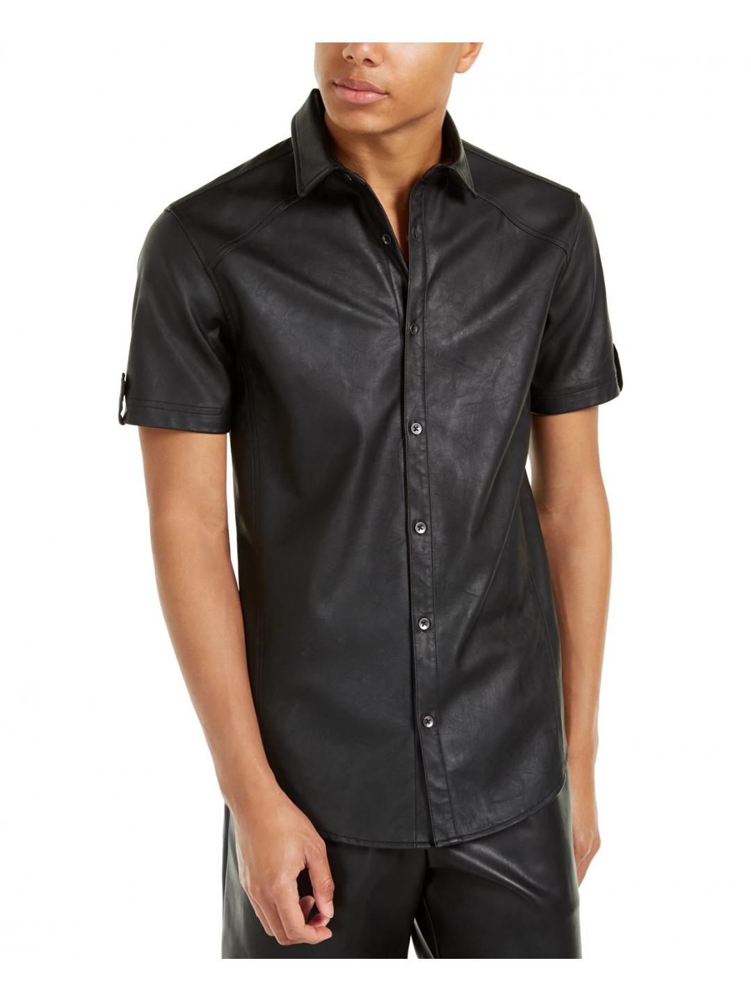 Men Stylish Short Sleeve Real Lambskin Black Leather Shirt