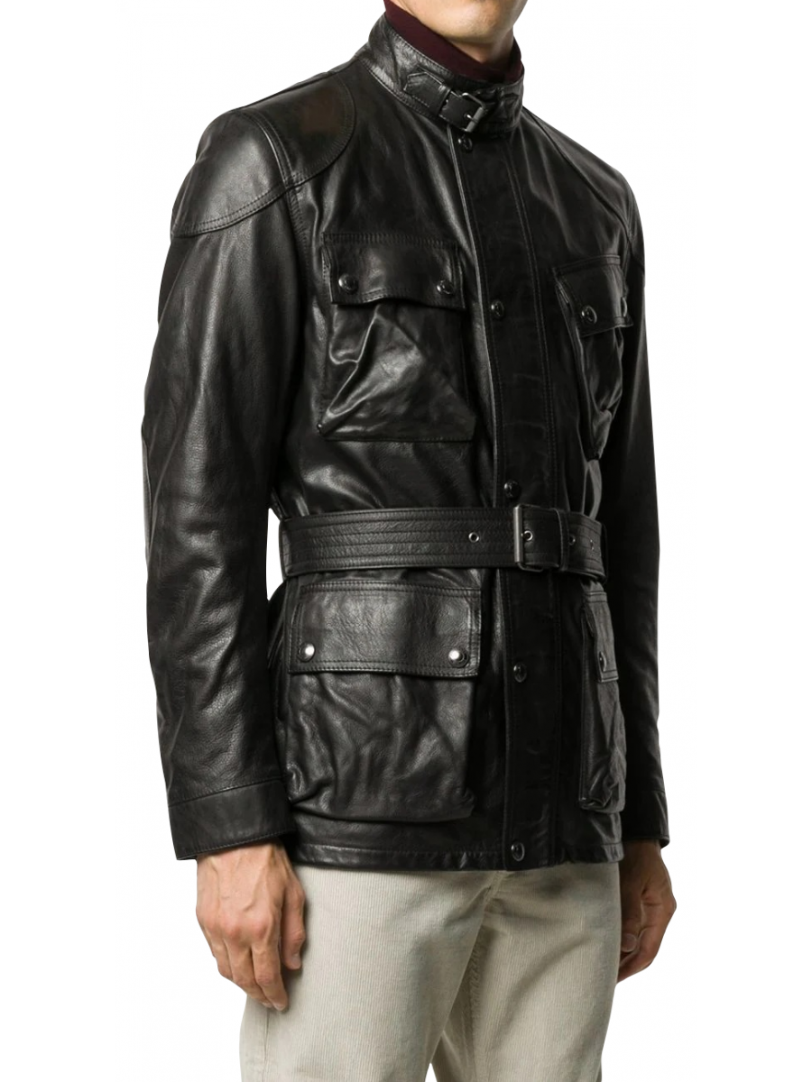 Men Belted High Collar Real Sheepskin Black Leather Coat