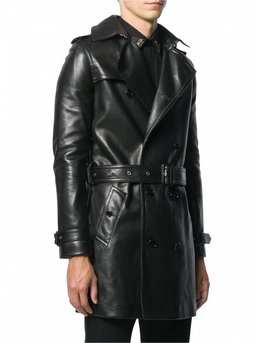 Men Double Breasted Real Sheepskin Black Leather Coat