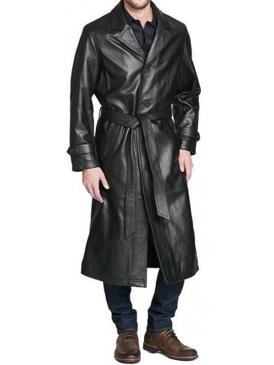 Men Edgy Real Sheepskin Black Leather Long Trench Coat