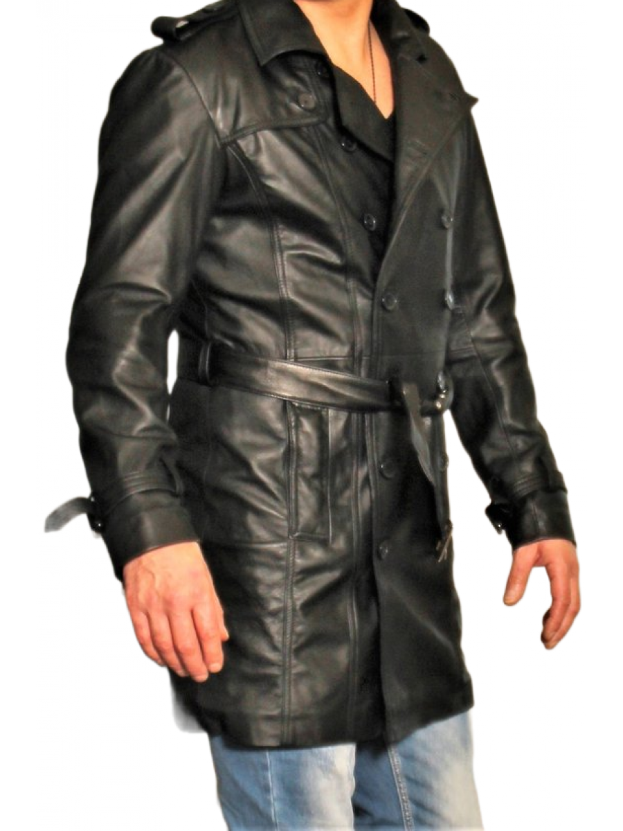Men Fabulous Look Real Sheepskin Black Leather Long Trench Coat