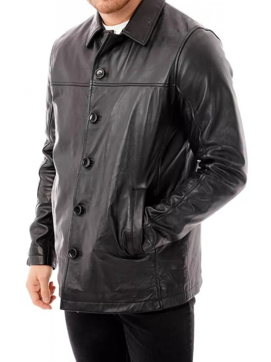 Men Front Buttons Real Sheepskin Black Leather Long Coat