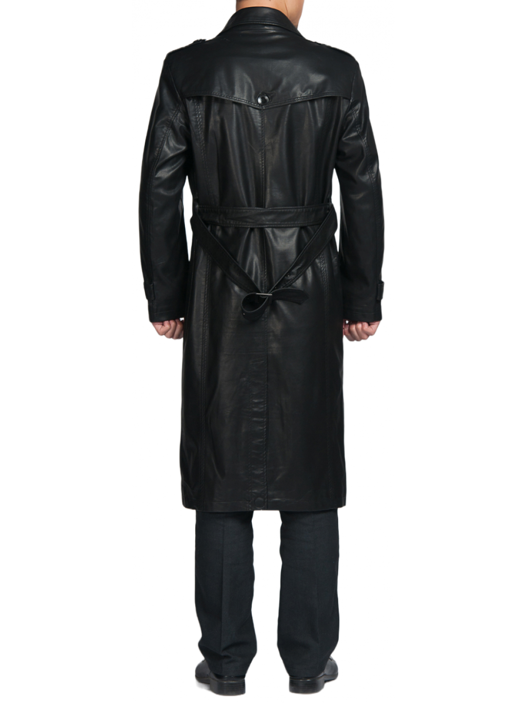 Men High Fashion Real Sheepskin Black Leather Long Trench Coat