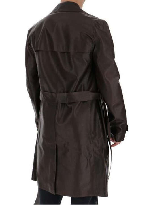 Men Real Sheepskin Dark Brown Leather Long Trench Coat