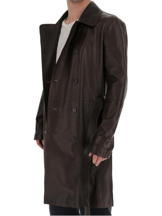 Men Real Sheepskin Dark Brown Leather Long Trench Coat