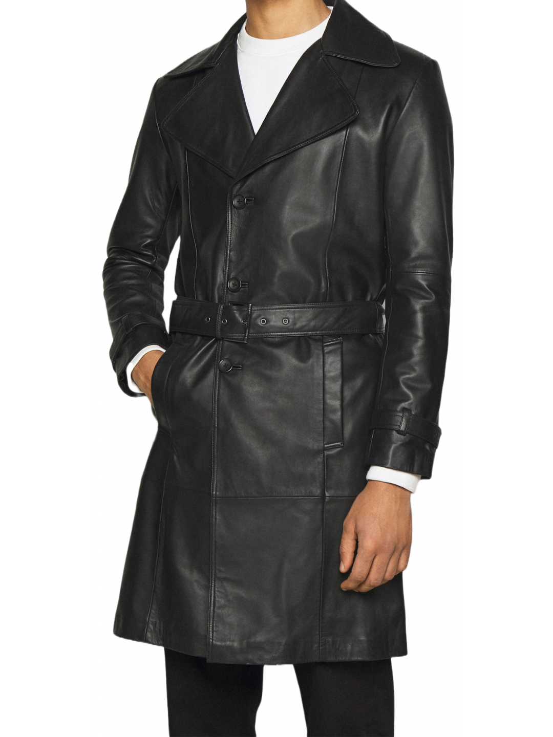 Men Trendsetting Real Sheepskin Black Leather Long Trench Coat