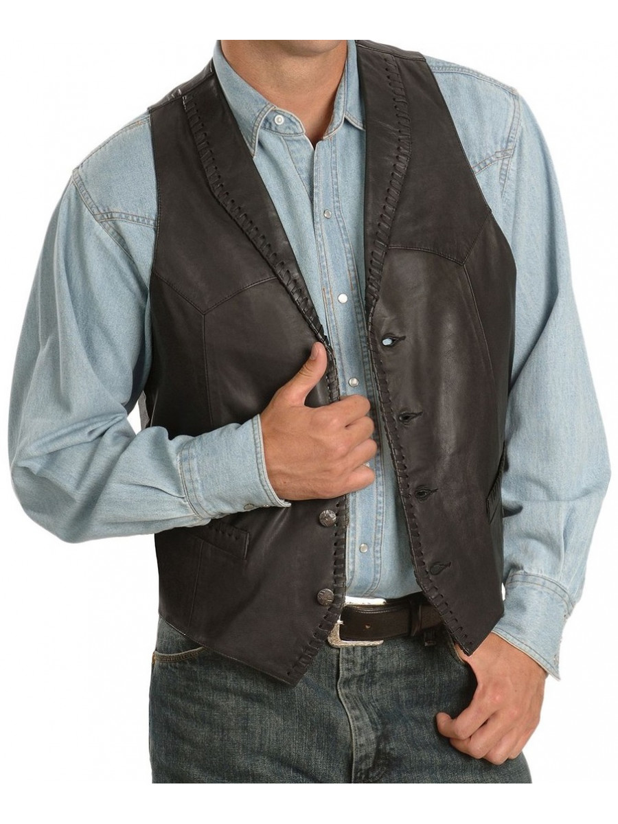 Men Finely Crafted Real Lambskin Black Leather Sleeveless Vest Coat