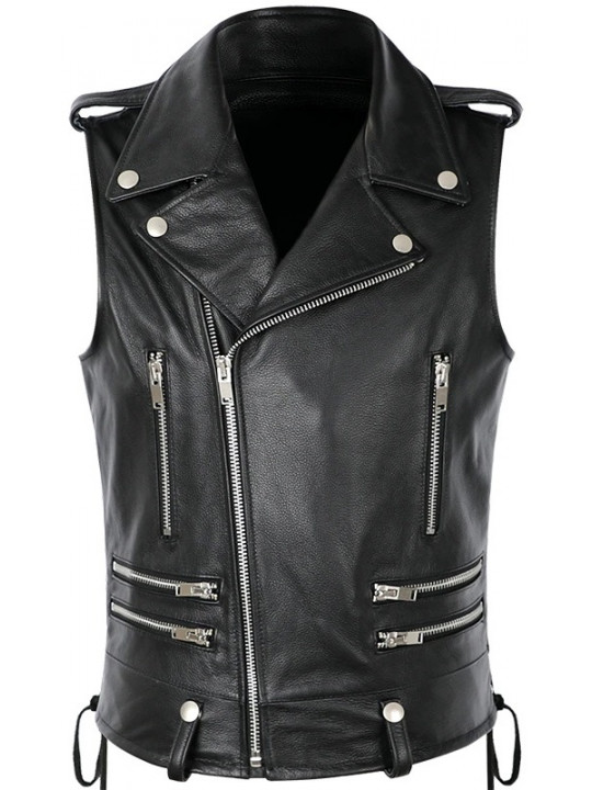 Men Biker Style Side Lace Up Real Lambskin Black Leather Sleeveless Vest Coat