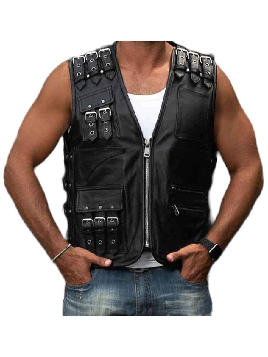 Men Bold Fashion Look Real Lambskin Black Leather Sleeveless Vest Coat
