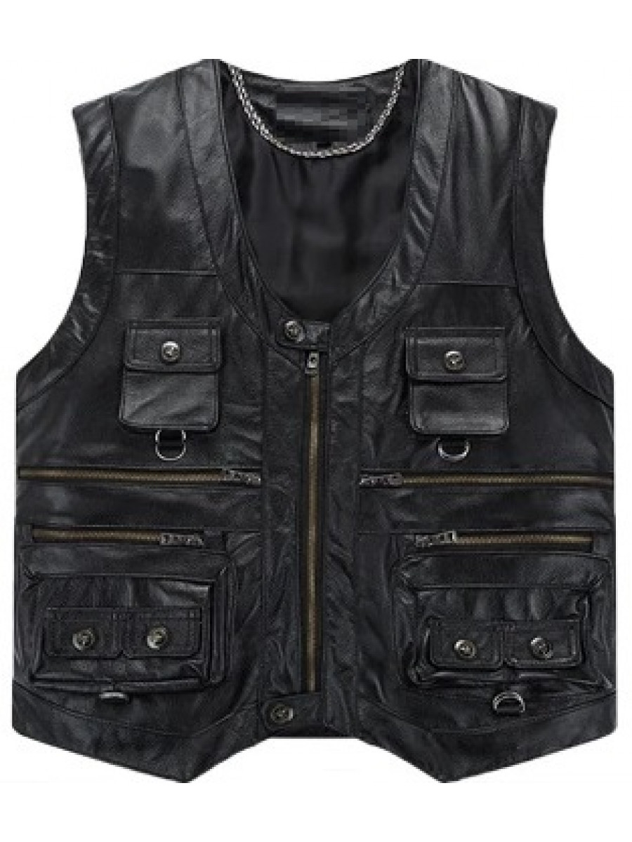 Men Bold Fashion Real Lambskin Black Leather Sleeveless Vest Coat