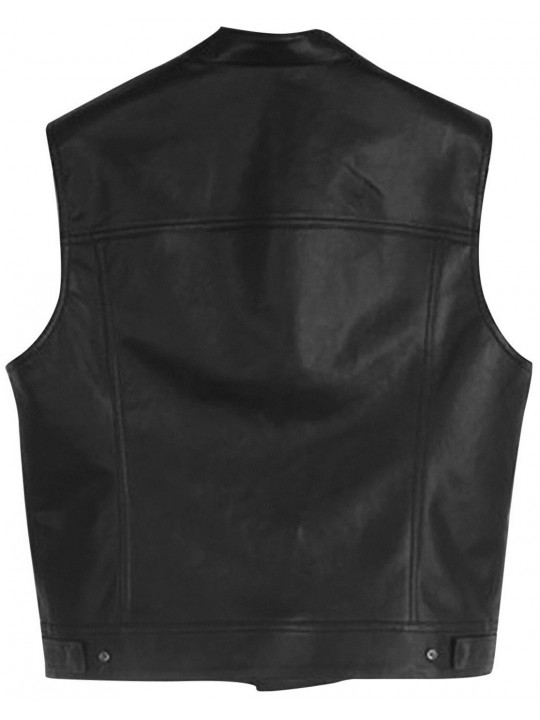 Men Classic Real Lambskin Black Leather Sleeveless Vest Coat