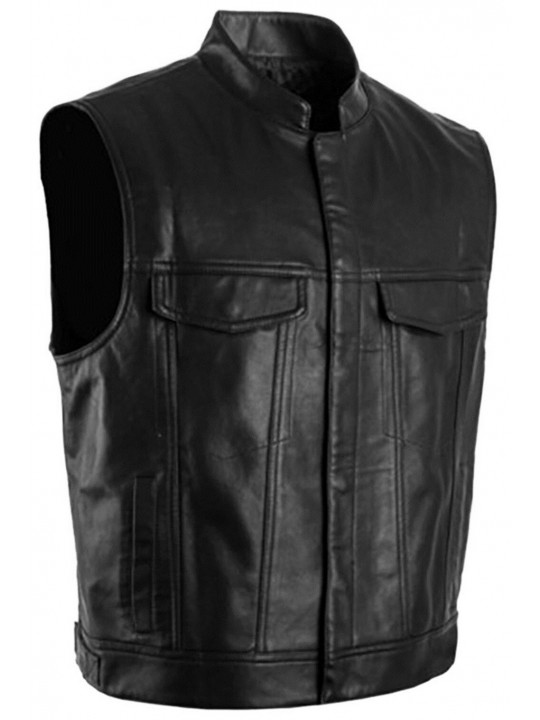 Men Classic Real Lambskin Black Leather Sleeveless Vest Coat
