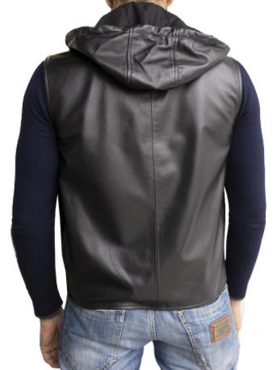 Men Cool Look Hooded Real Lambskin Black Leather Sleeveless Vest Coat