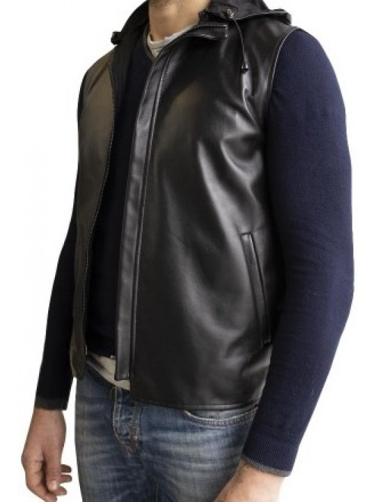Men Cool Look Hooded Real Lambskin Black Leather Sleeveless Vest Coat