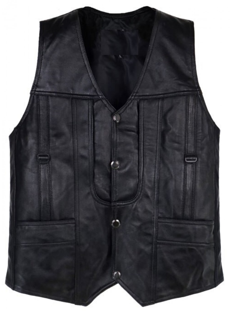 Men Elegant Style Real Lambskin Black Leather Sleeveless Vest Coat