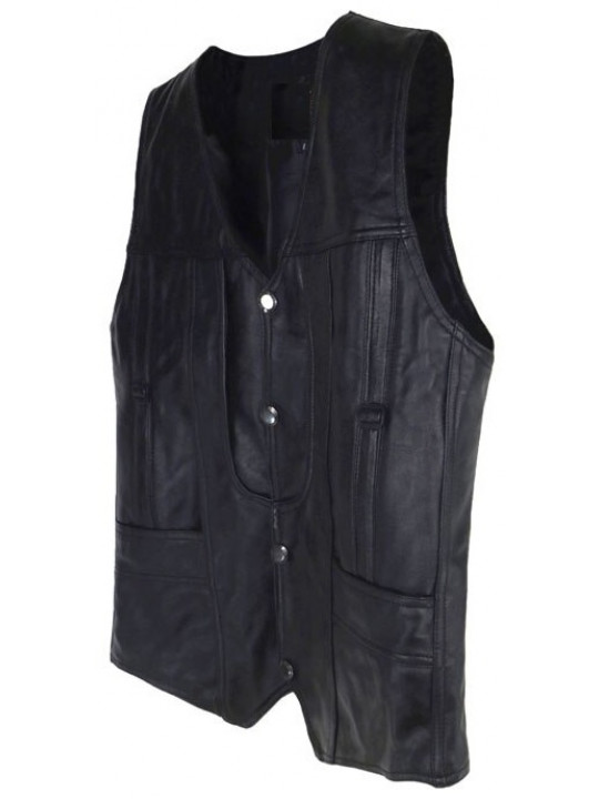 Men Elegant Style Real Lambskin Black Leather Sleeveless Vest Coat