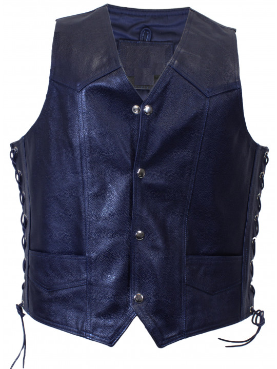 Men Elegant Wear Real Lambskin Blue Leather Sleeveless Vest Coat