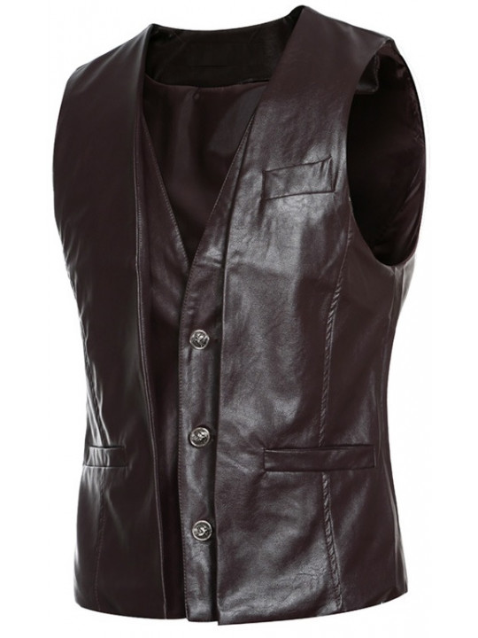 Men Fabulous Real Lambskin Dark Brown Leather Sleeveless Vest Coat
