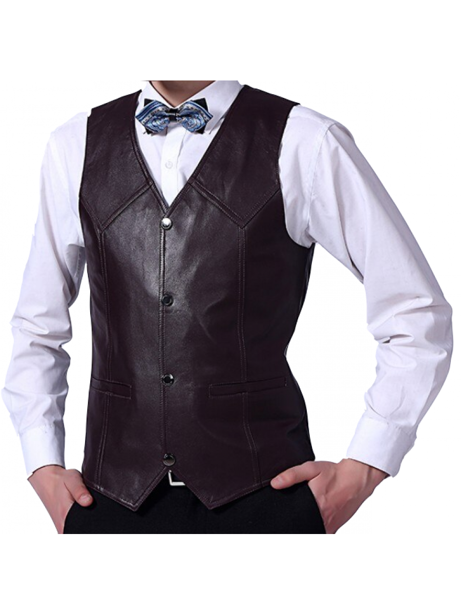 Men Impressive Style Real Lambskin Dark Brown Leather Sleeveless Vest Coat