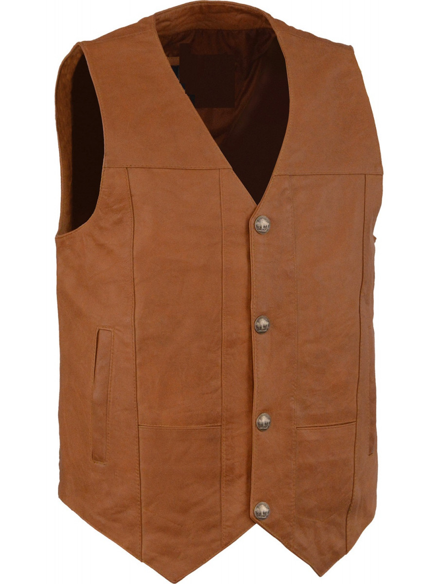 Men Timeless Look Real Lambskin Tan Brown Leather Sleeveless Vest Coat