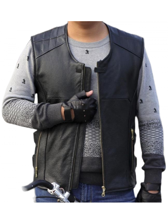 Men Trendsetting Look Real Lambskin Black Leather Sleeveless Vest Coat