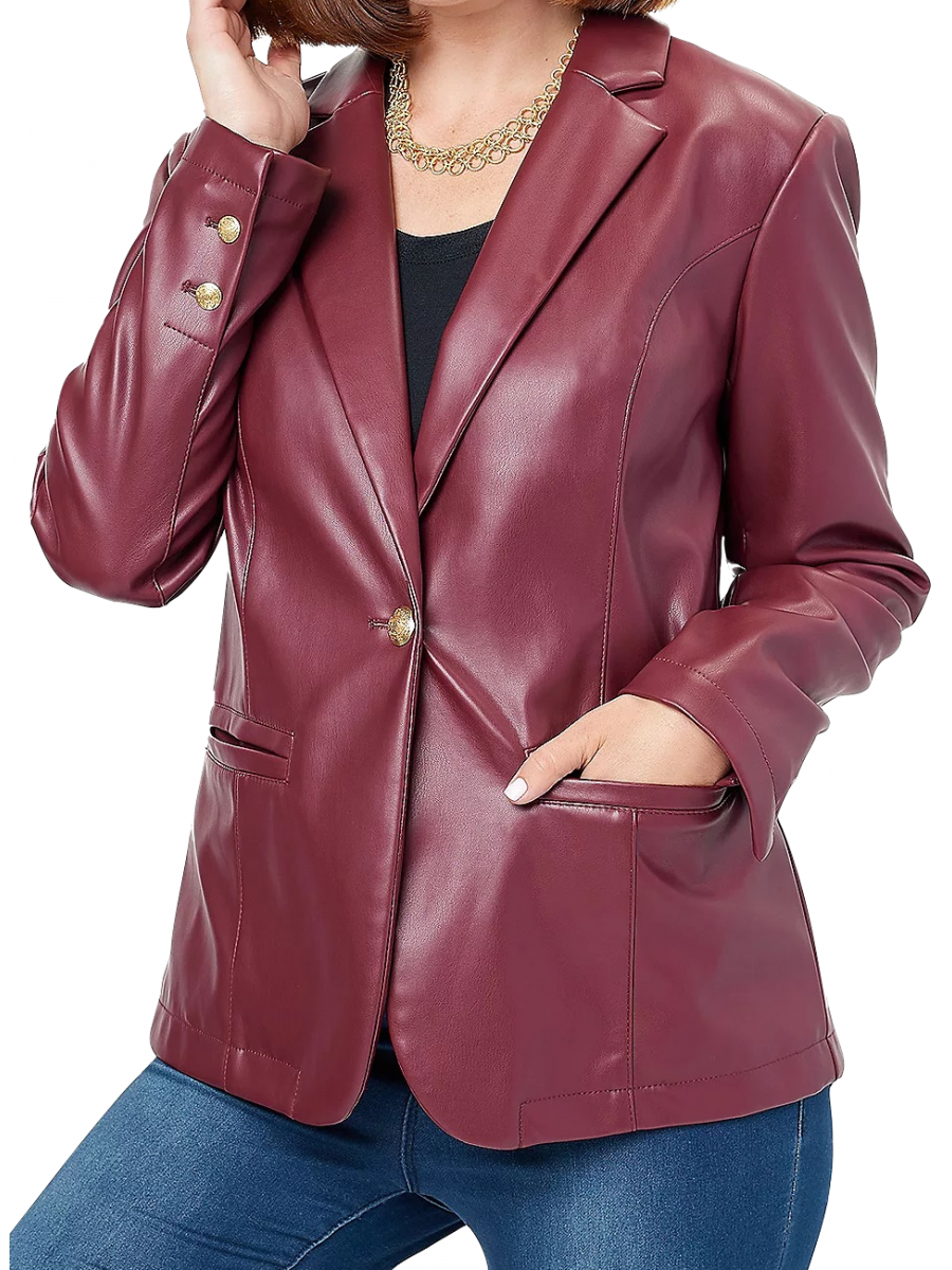 Women One Button Classic Real Lambskin Burgundy Leather Blazer Coat