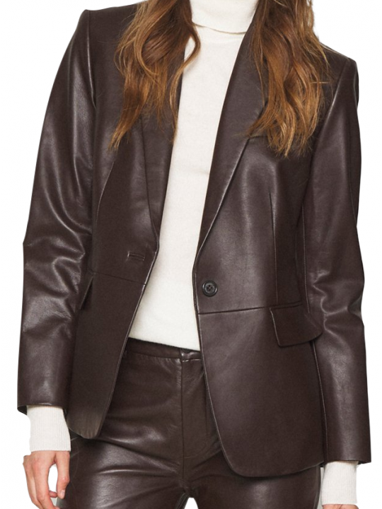 Women One Button Edgy Real Lambskin Brown Leather Blazer Coat