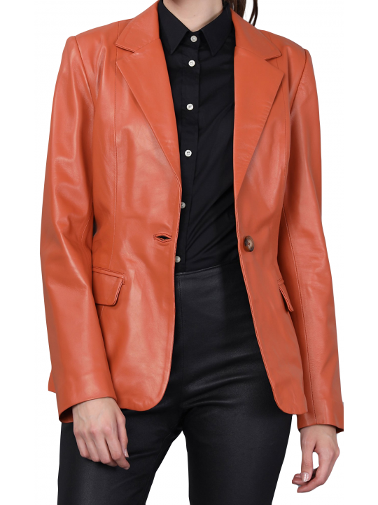 Women One Button Elegant Style Real Lambskin Orange Leather Blazer Coat