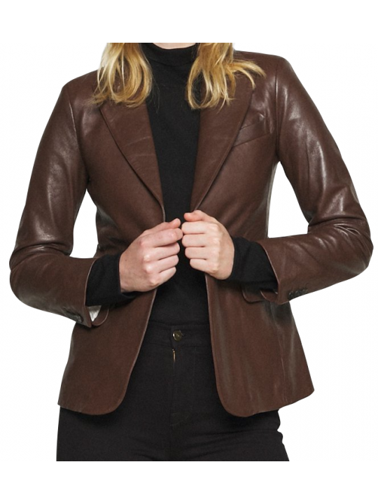 Women One Button High Fashion Real Lambskin Brown Leather Blazer Coat