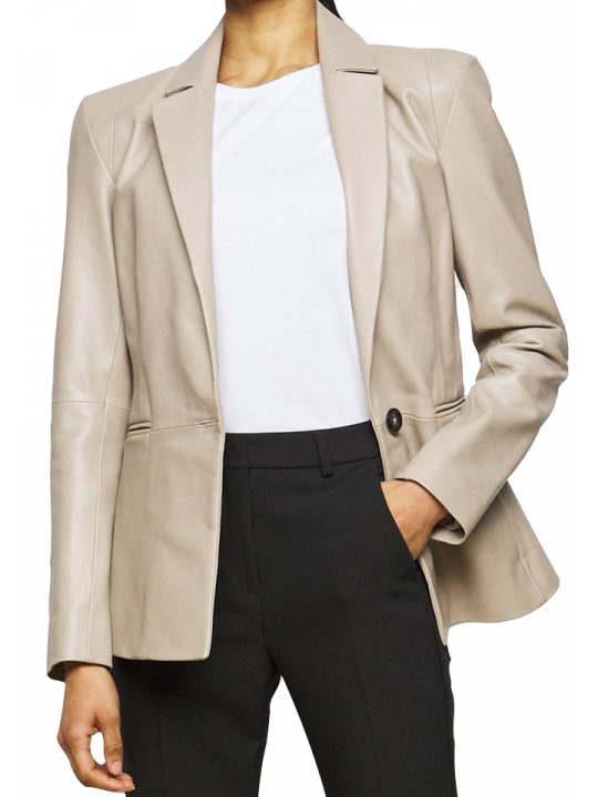 Women One Button Smart Look Real Lambskin Cream Leather Blazer Coat