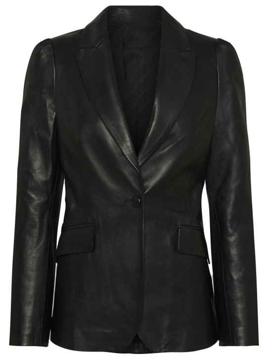 Women One Button Sophisticated Real Lambskin Black Leather Blazer Coat