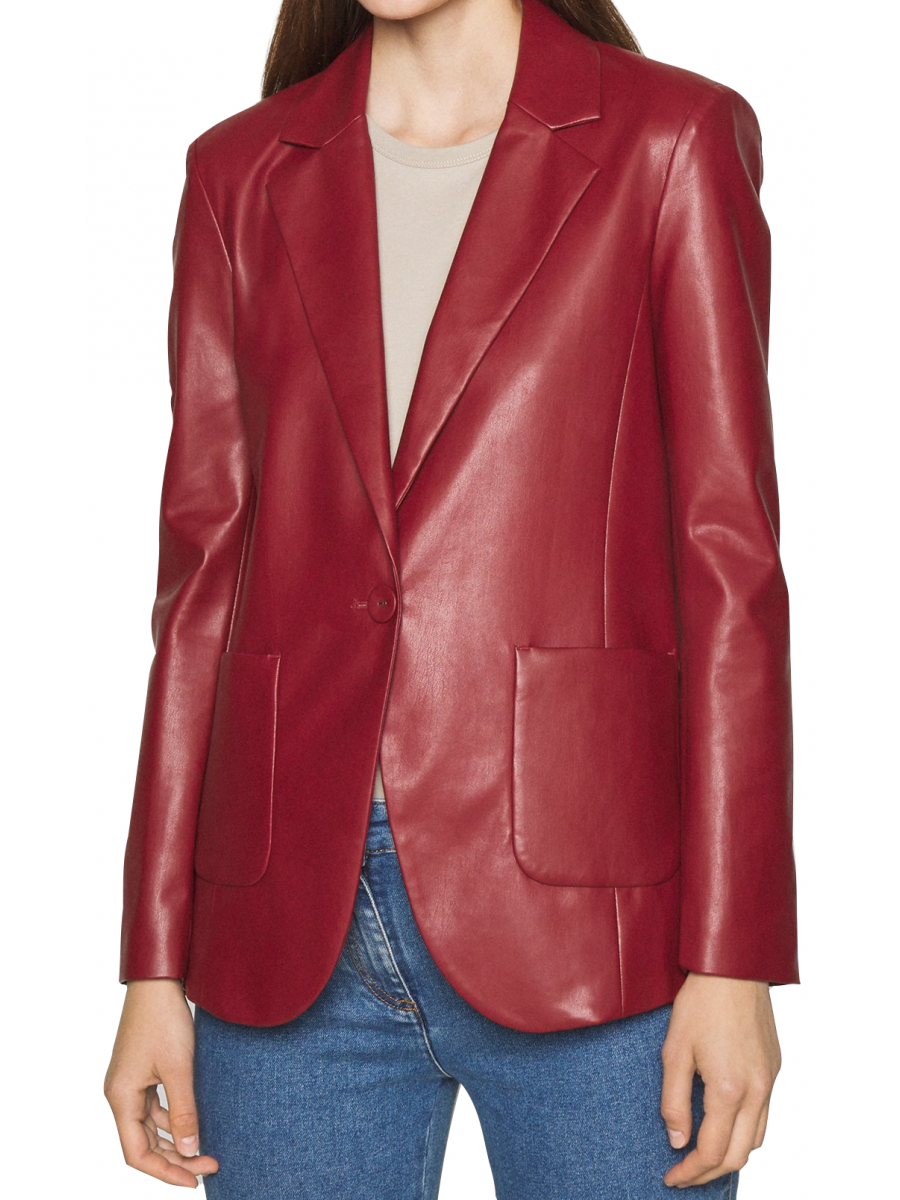 Women One Button Trendy Real Lambskin Cherry Red Leather Blazer Coat