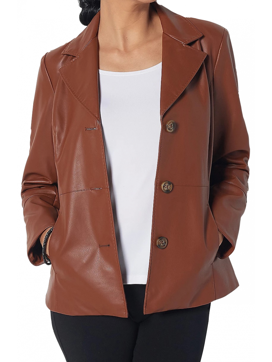Women Three Button Stylish Real Lambskin Brown Leather Blazer Coat