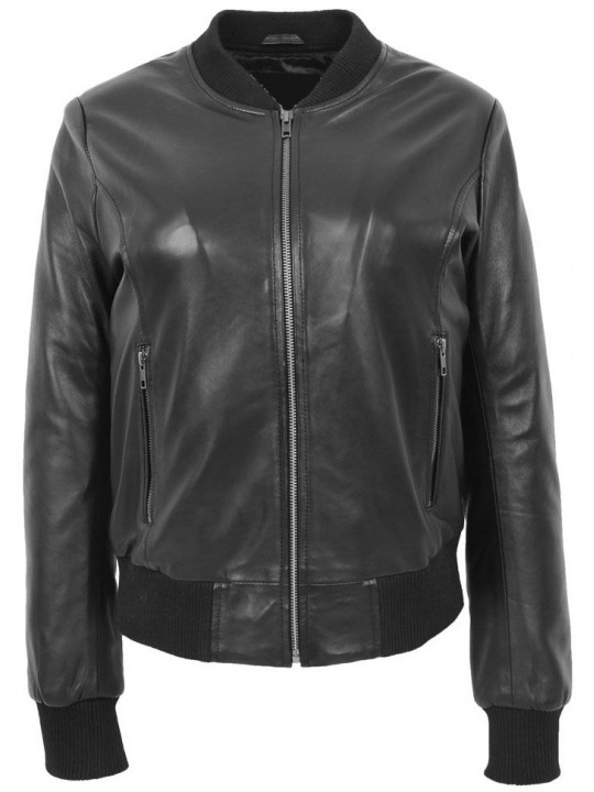 Women Classy Real Lambskin Black Leather Bomber Jacket