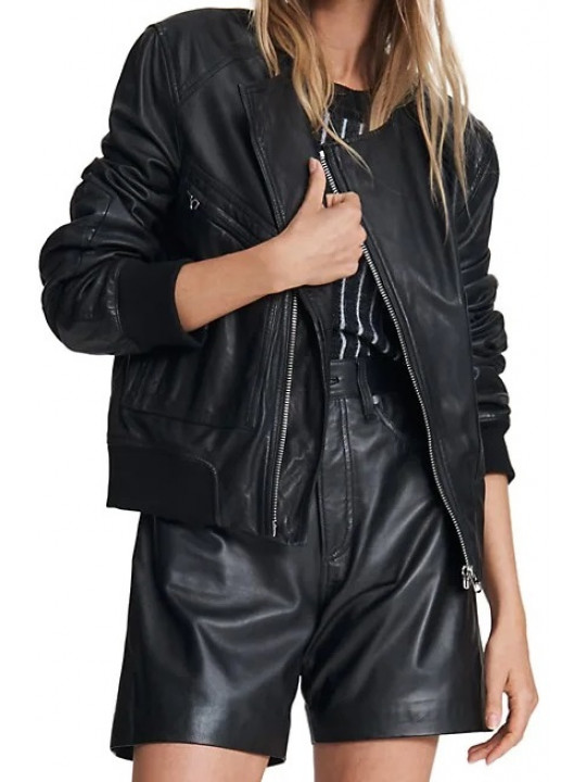 Women Edgy Real Lambskin Black Leather Bomber Jacket