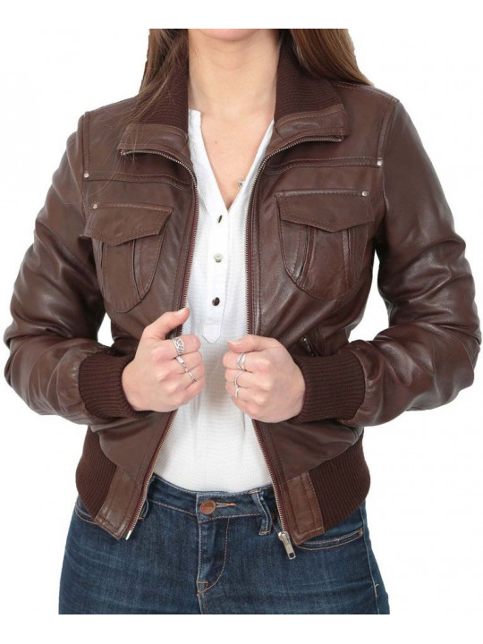 Women Elegant Style Real Lambskin Brown Leather Bomber Jacket