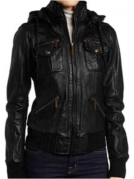Women Sophisticated Hooded Real Lambskin Black Leather Bomber Jacket