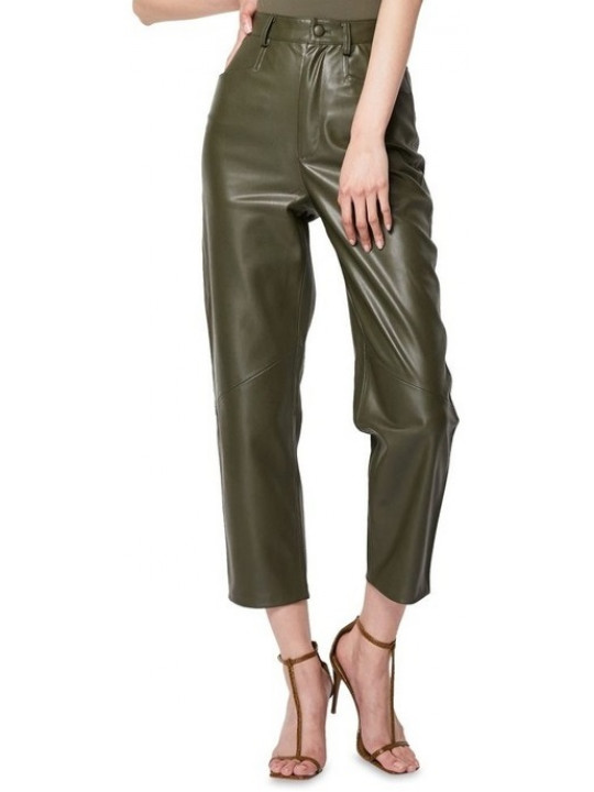 Women Awesome Look Real Lambskin Olive Green Leather Capris Trousers Pants