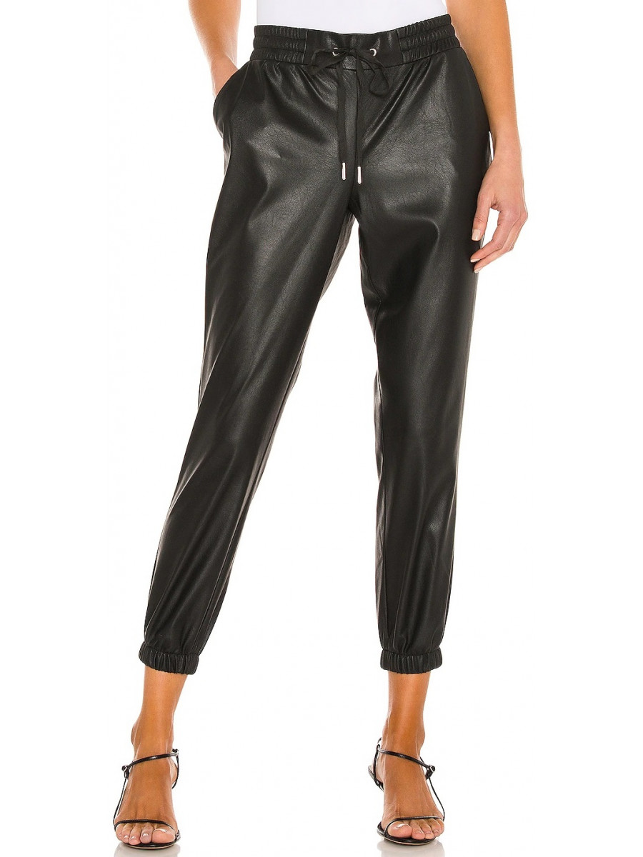 Women Joggers Style Real Lambskin Black Leather Capris Trousers Pants