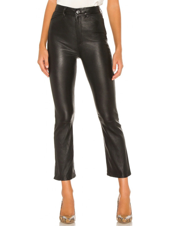 Women Street Wear Real Lambskin Black Leather Capris Trousers Pants