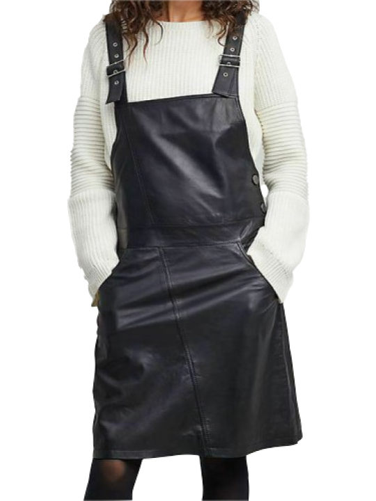 Women Edgy Look Real Lambskin Navy Blue Leather Dungaree Dress