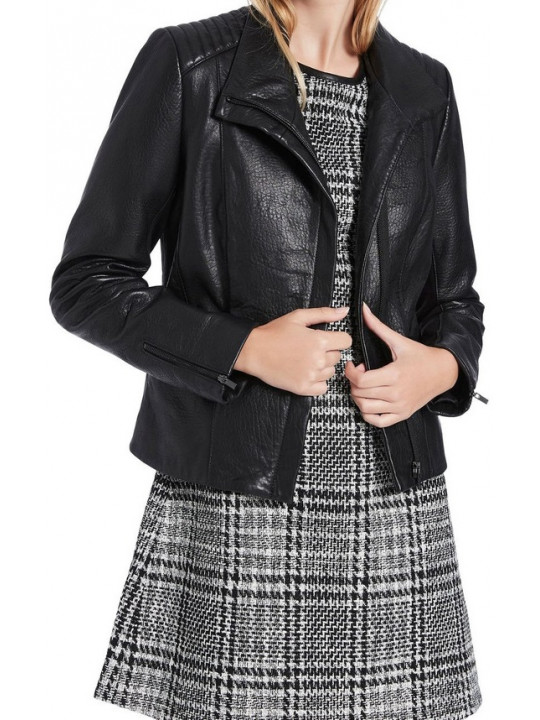Women Quilted Shoulder Real Lambskin Black Leather Jacket