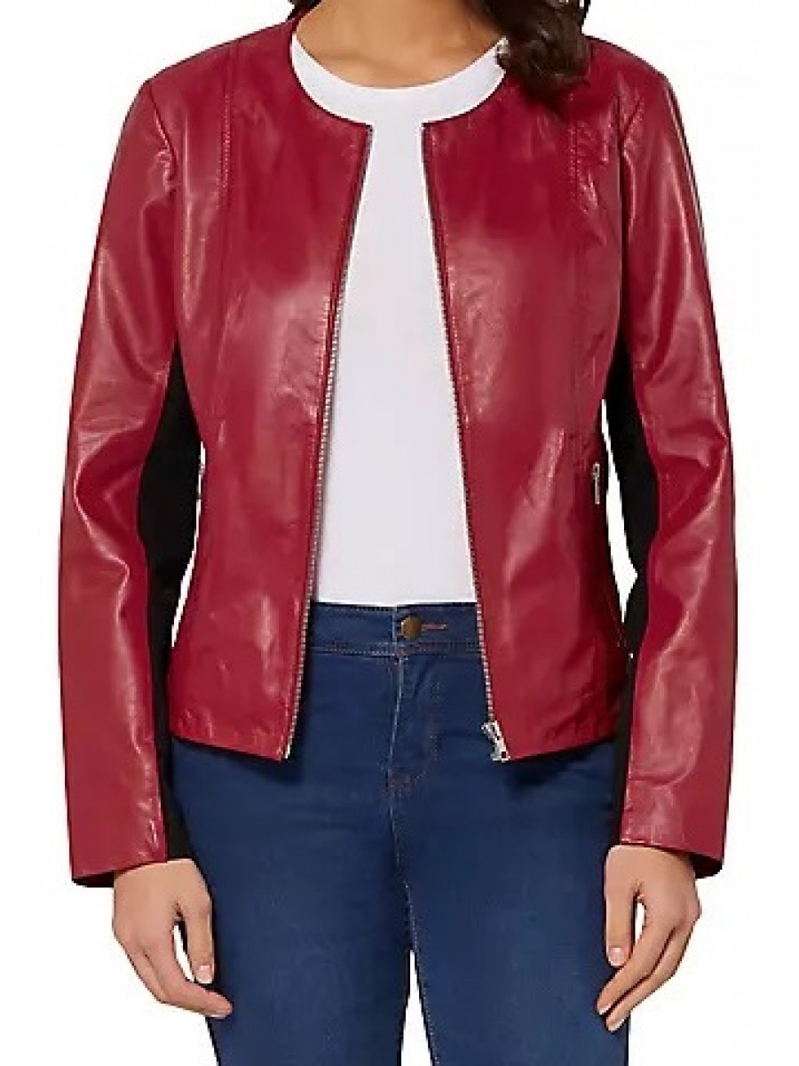 Women Round Neck Real Lambskin Cherry Red Leather Jacket
