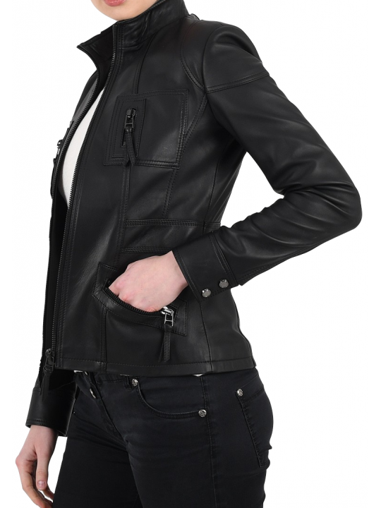 Women Smart Look Real Lambskin Black Leather Jacket