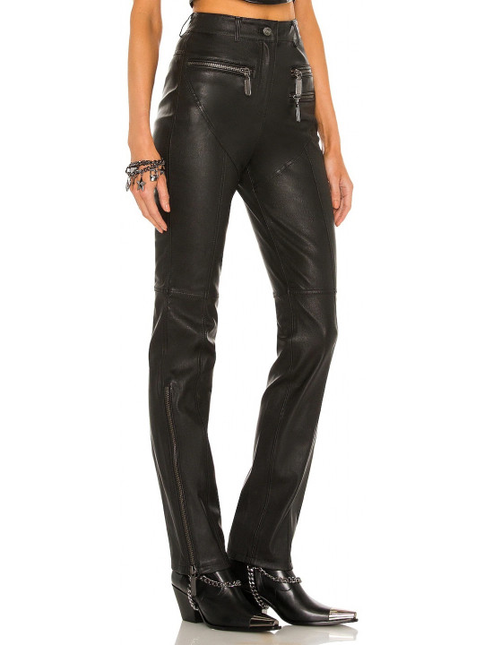 Women Street Fashion Real Lambskin Black Leather Jeans
