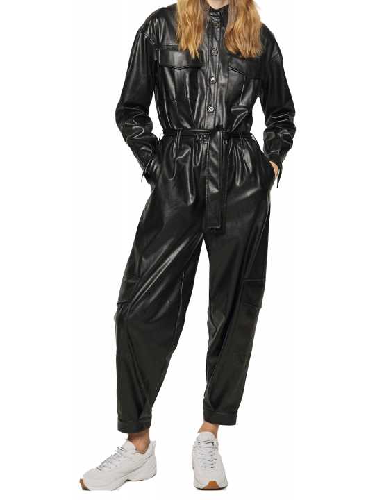 Women Fashionable Real Lambskin Black Leather Jumpsuit