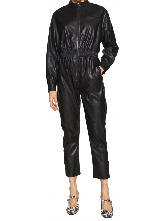 Women High Fashion Real Lambskin Black Leather Jumpsuit