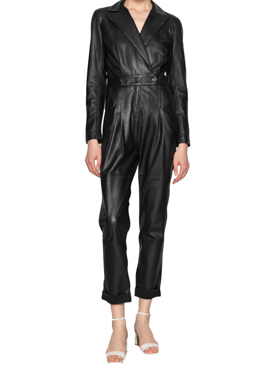 Women Street Fashion Real Lambskin Black Leather Jumpsuit