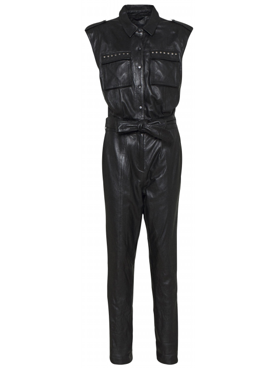 Women Stunning Real Lambskin Black Leather Jumpsuit